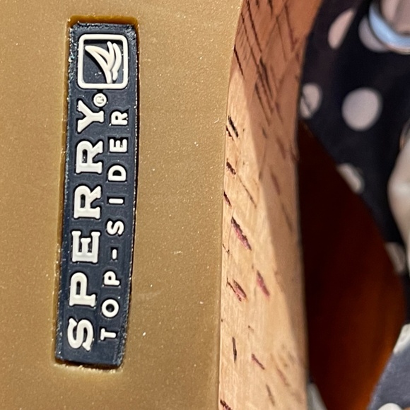 Sperry Top Sider Navy Blue/White Polka Dot Wedge Shoes With White Bow Design- N - Picture 7 of 11